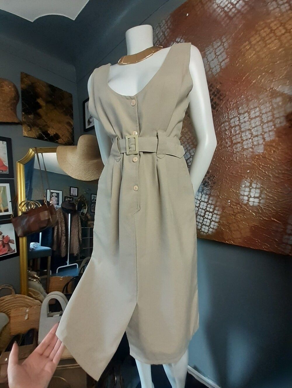 Vintage Linen Pinafore Style Belted Midi Dress